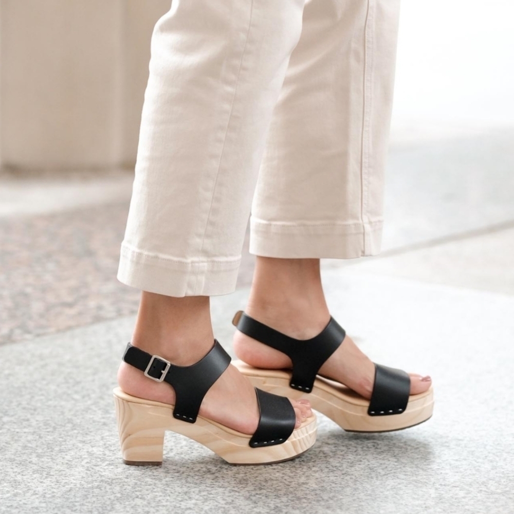 New! Nisolo All Day Open Toe Clog Leather Wood Chunky Platform Sandals in Black